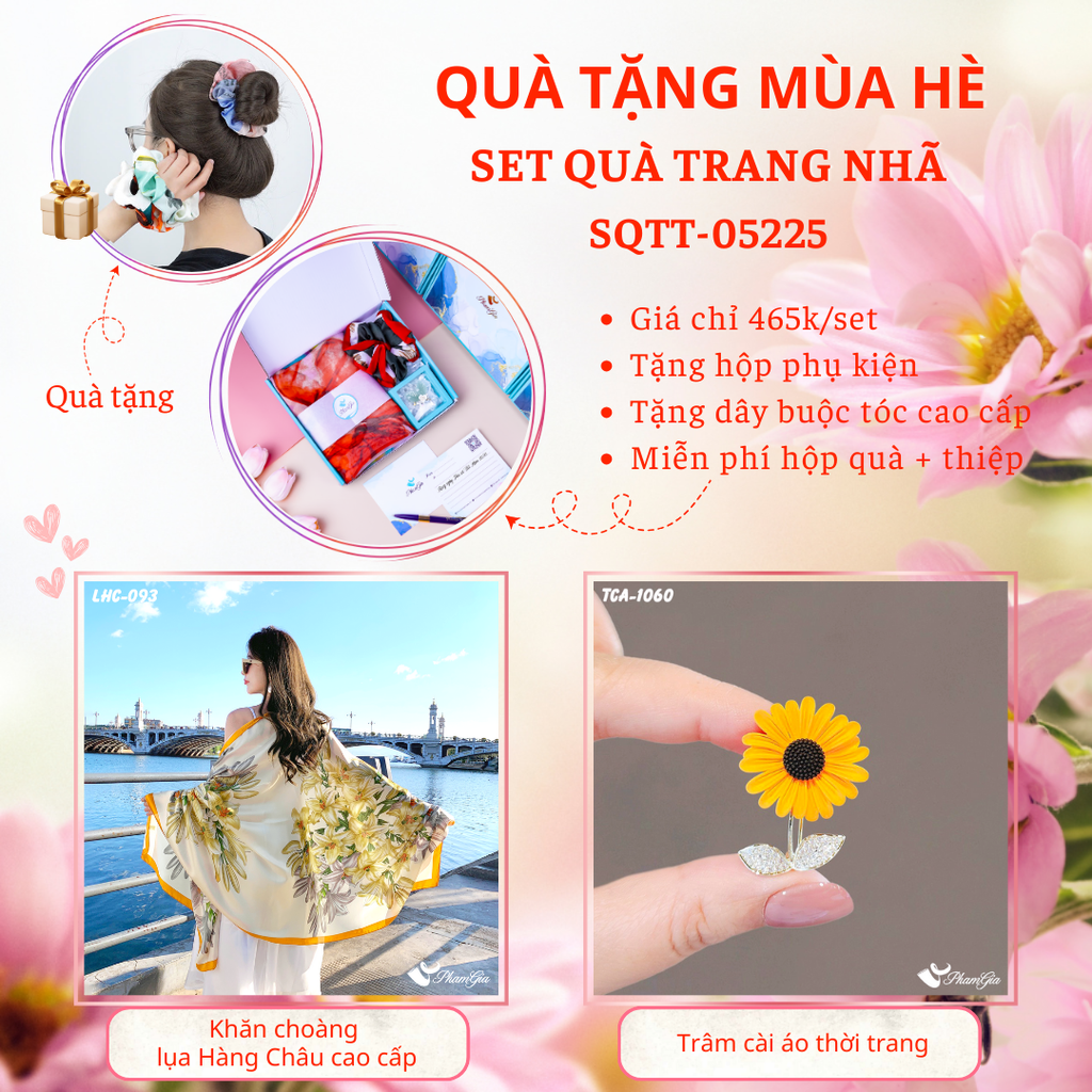 Set Quà Tặng Khăn Choàng Lụa Hoa Lily Và Ghim Cài Áo Hoa Hướng Dương Cao Cấp
