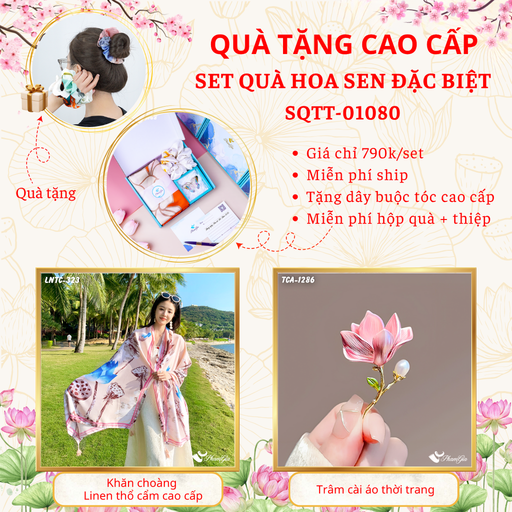 Quà Tặng Cao Cấp - Set Quà Tặng Khăn Choàng Và Ghim Cài Áo Chủ Đề Hoa Sen Đặc Biệt (SQTT01080)