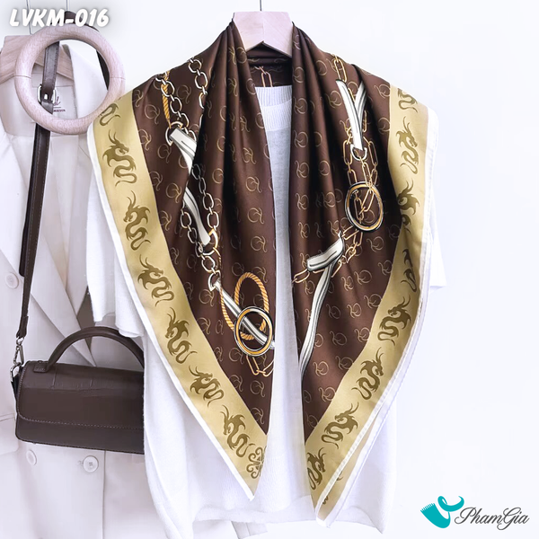 Khăn Lụa Vuông Karma 90*90Cm Cao Cấp Họa Tiết Retro Cá Tính Màu Nâu Viền Beige (LVKM016)