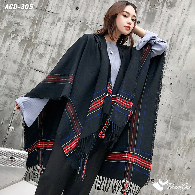 Áo Choàng Dạ Boho Thời Trang Màu Đen (ACD305)