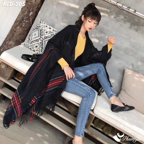 Áo Choàng Dạ Boho Thời Trang Màu Đen (ACD305)