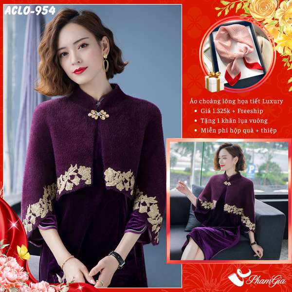 Áo Choàng Lông Luxury Phối Đăng Ten Cổ Điển Màu Tím Cẩm Trang Nhã (ACLO954)