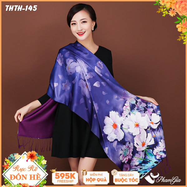 Khăn Choàng Tằm Hoa Thượng Hải 2 Lớp Cao Cấp Họa Tiết Hoa Cúc Trắng Nền Tím Tinh Tế (THTH145)