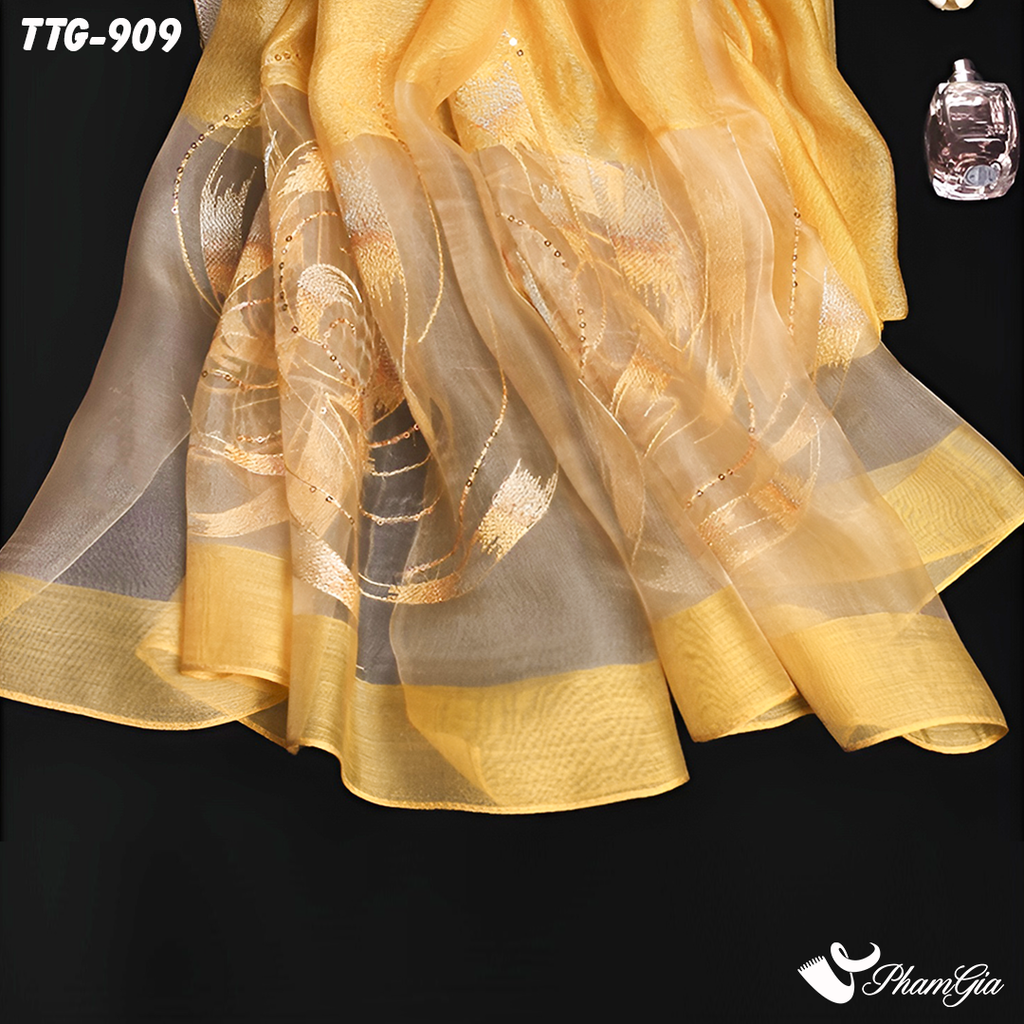 Cận Cảnh Khăn Choàng Tơ Tằm Gân Cao Cấp Thêu Kết Đính Họa Tiết Xoắn Ốc Màu Vàng Gold Thanh Lịch