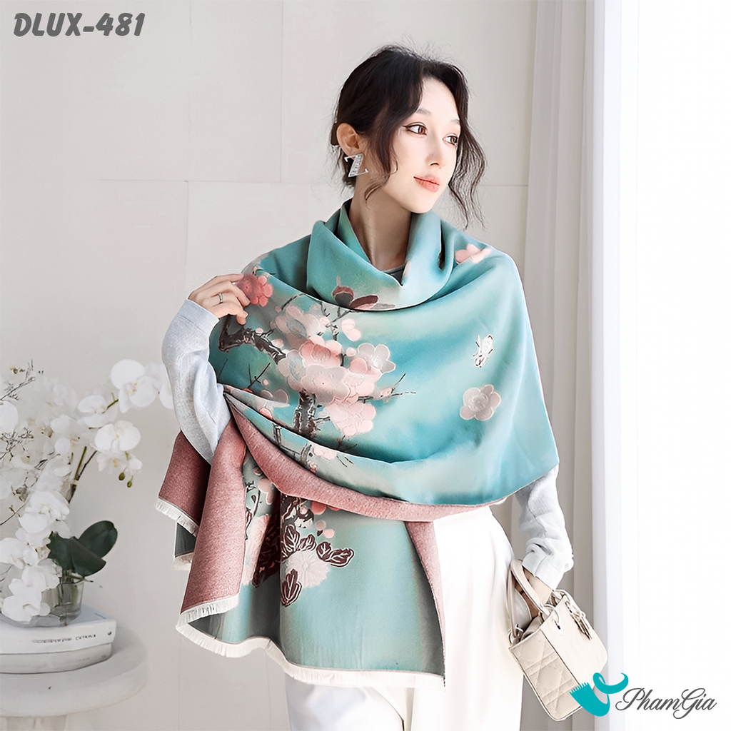 Khăn Choàng Dạ Cashmere Cao Cấp Họa Tiết Hoa Đào Màu Xanh Ngọc Trang Nhã