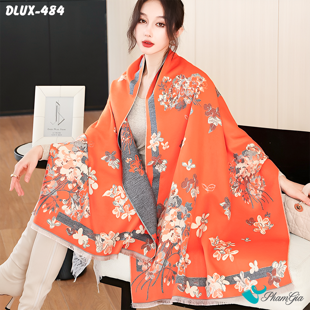 Model Choàng Khăn Choàng Dạ Cashmere Cao Cấp Họa Tiết Hoa Lá Màu Cam Gạch Nổi Bật