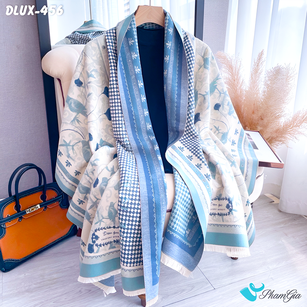 Khăn Choàng Dạ Cashmere Cao Cấp Họa Tiết Hoa Lá Màu Xanh Baby Thanh Lịch
