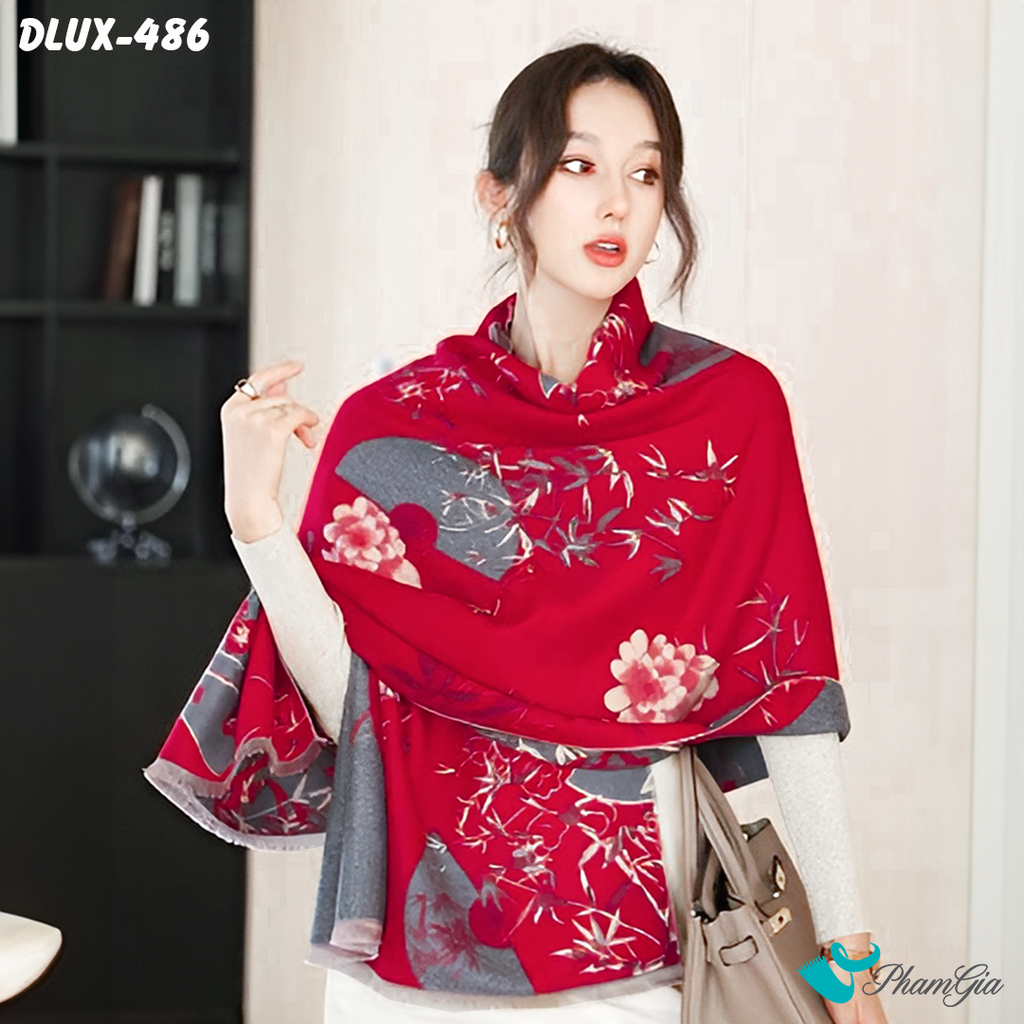 Người Mẫu Choàng Khăn Choàng Dạ Cashmere Cao Cấp Họa Tiết Lá Tre Màu Đỏ Ruby Quý Phái