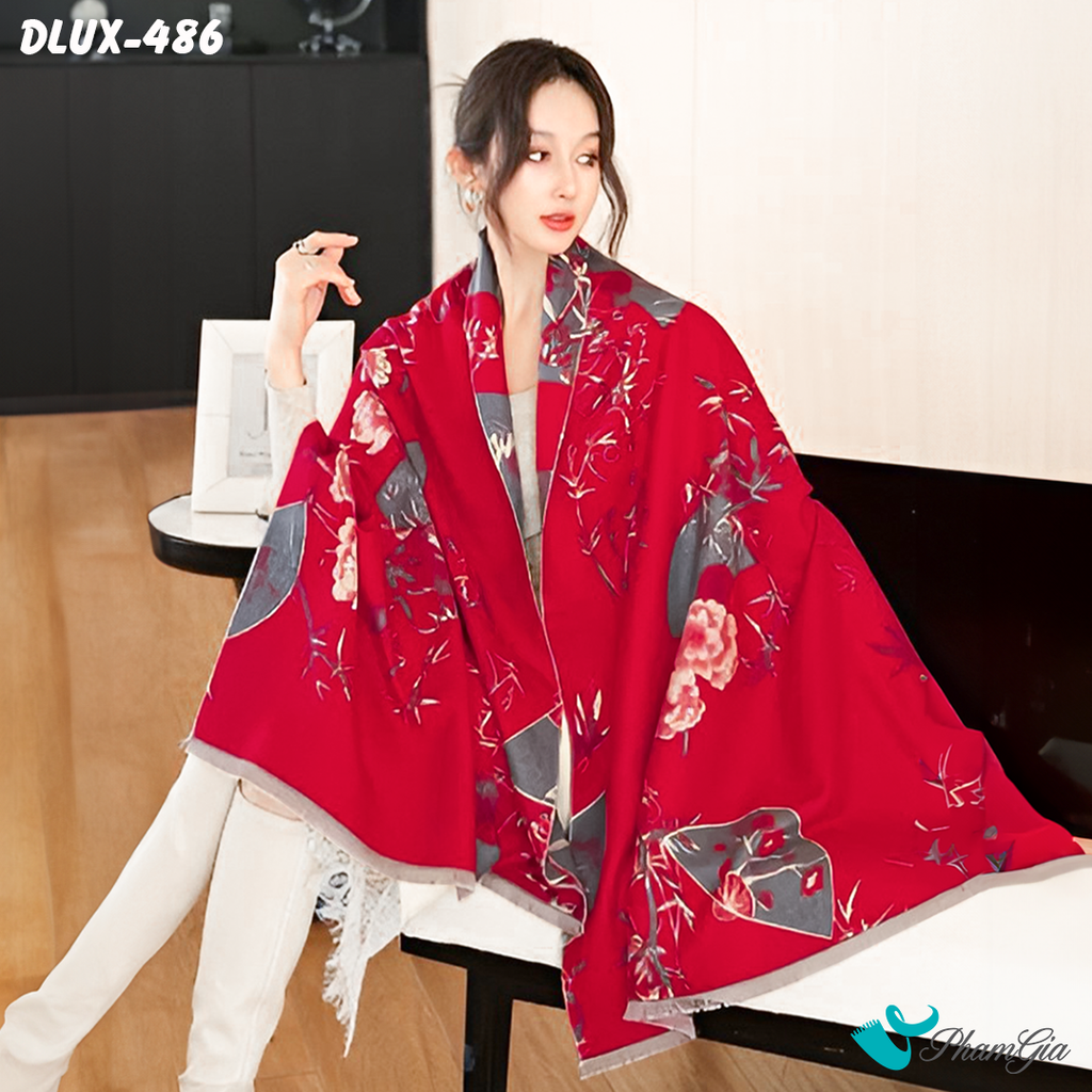 Model Choàng Khăn Choàng Dạ Cashmere Cao Cấp Họa Tiết Lá Tre Màu Đỏ Ruby Quý Phái