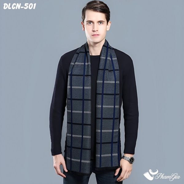 Khăn Choàng Dạ Cashmere Nam Cao Cấp Họa Tiết Caro Tattersall Màu Xám Ghi (DLCN501)