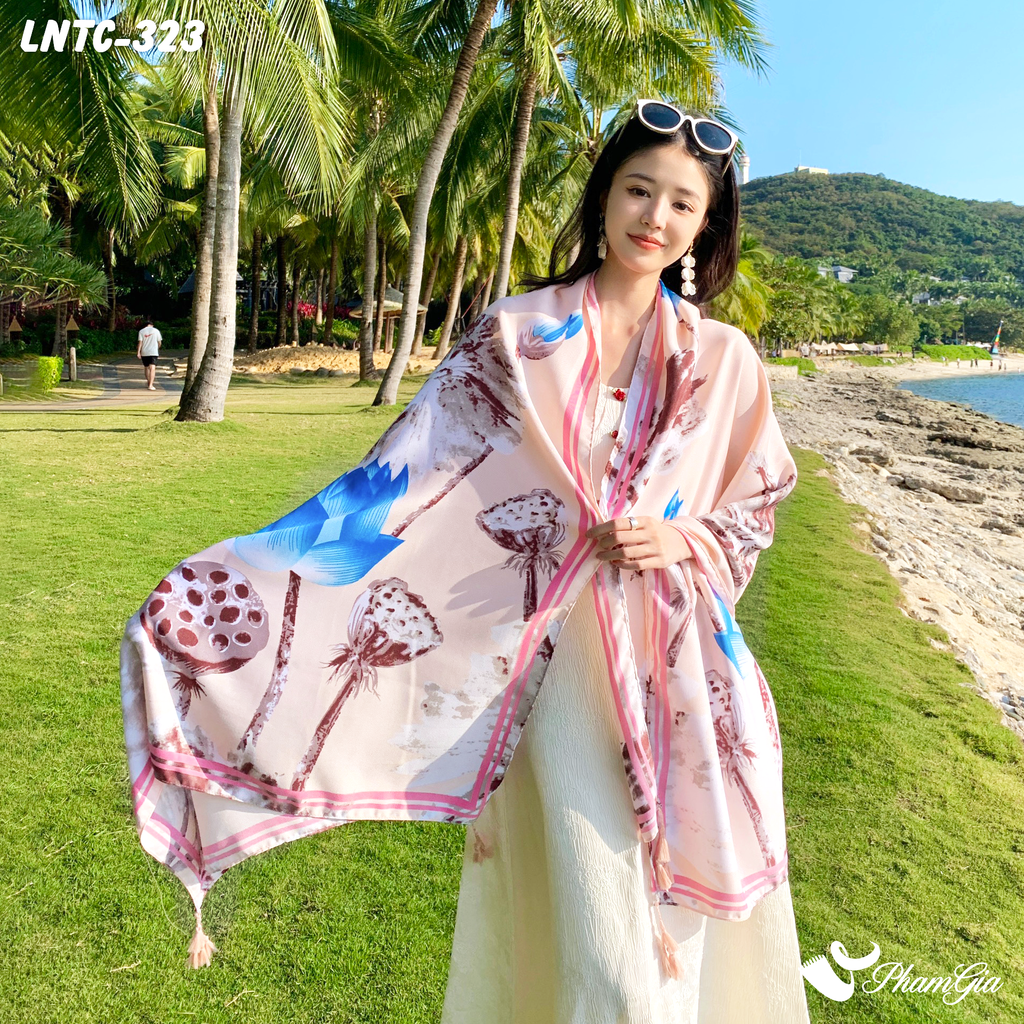 Khăn Choàng Linen Boho Họa Tiết Hoa Sen Xanh Phối Nền Hồng Trang Nhã