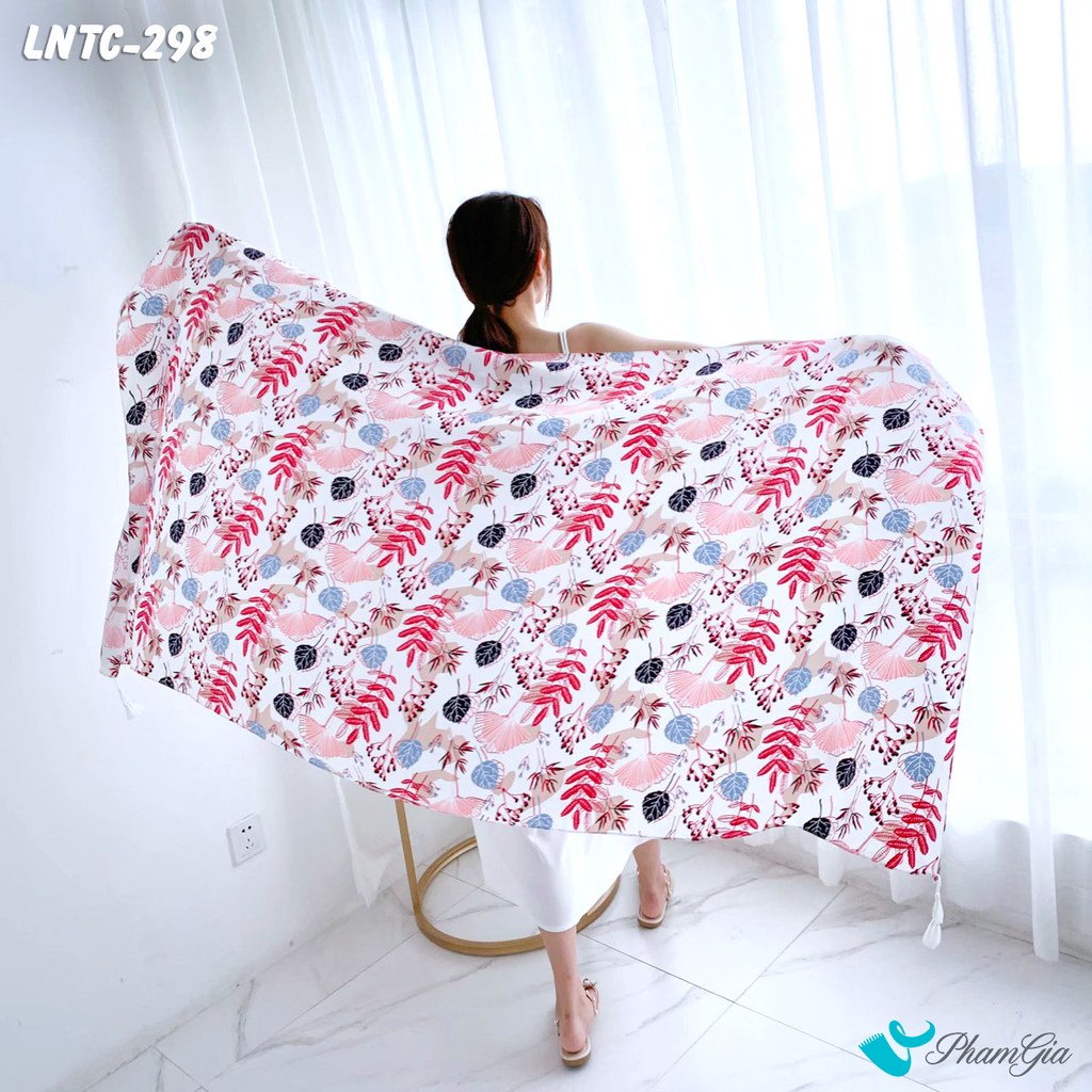 Khăn Choàng Linen Boho Họa Tiết Lá Nhiệt Đới Màu Hồng Baby Ngọt Ngào