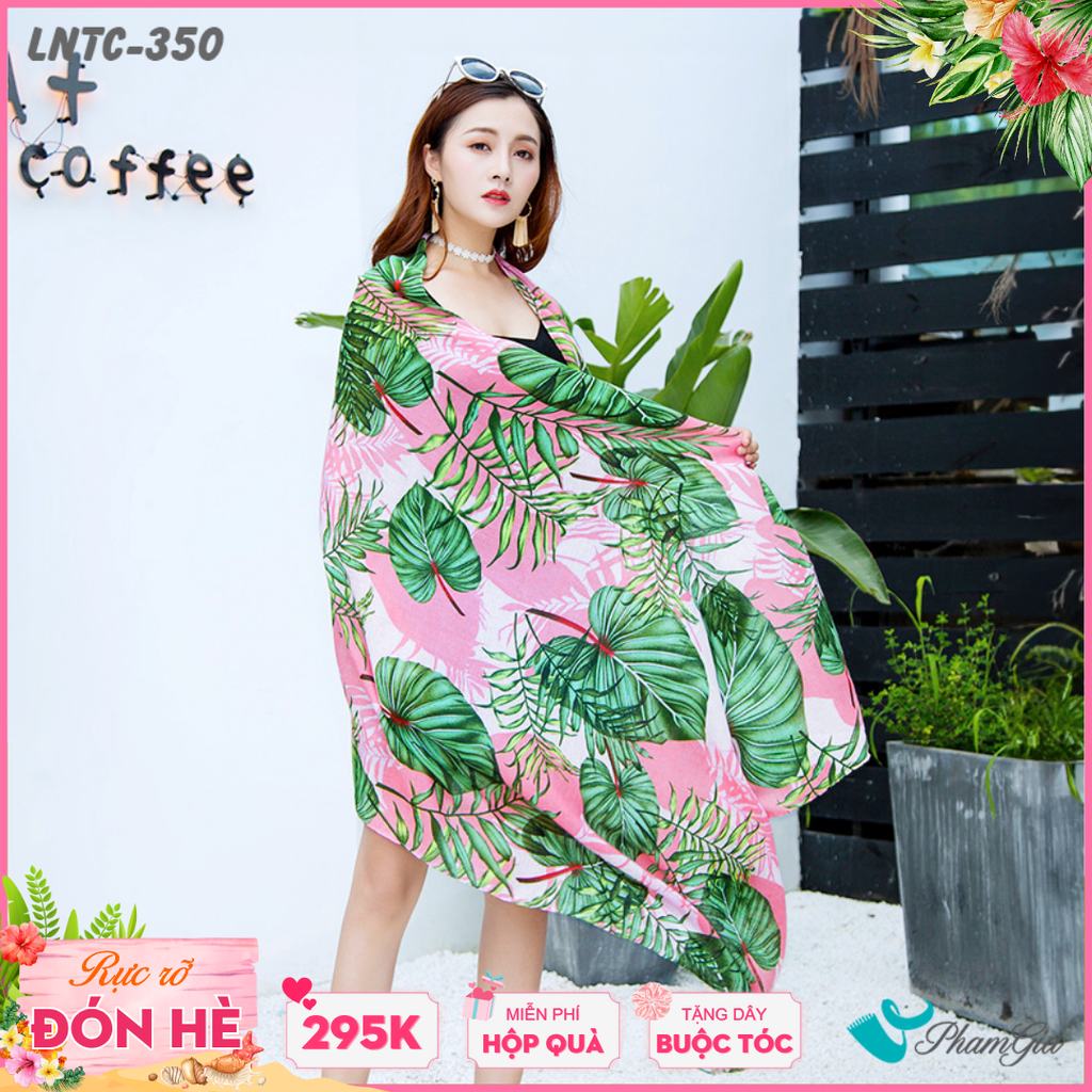 Khăn Choàng Linen Boho Họa Tiết Lá Xanh Nhiệt Đới Màu Hồng Baby Tươi Mát