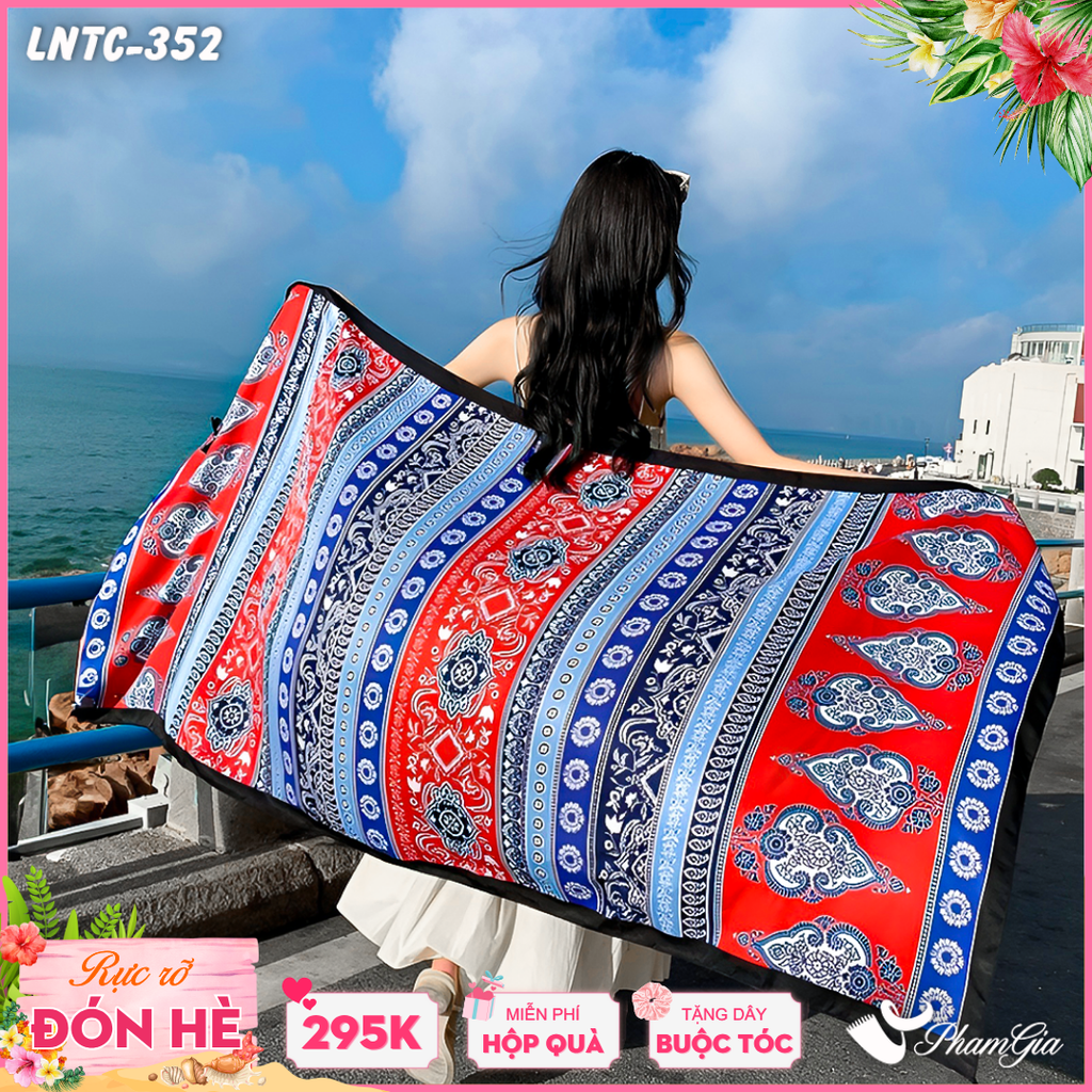 Khăn Choàng Linen Boho Họa Tiết Thổ Cẩm Paisley Phối Màu Đỏ Xanh Nổi Bật