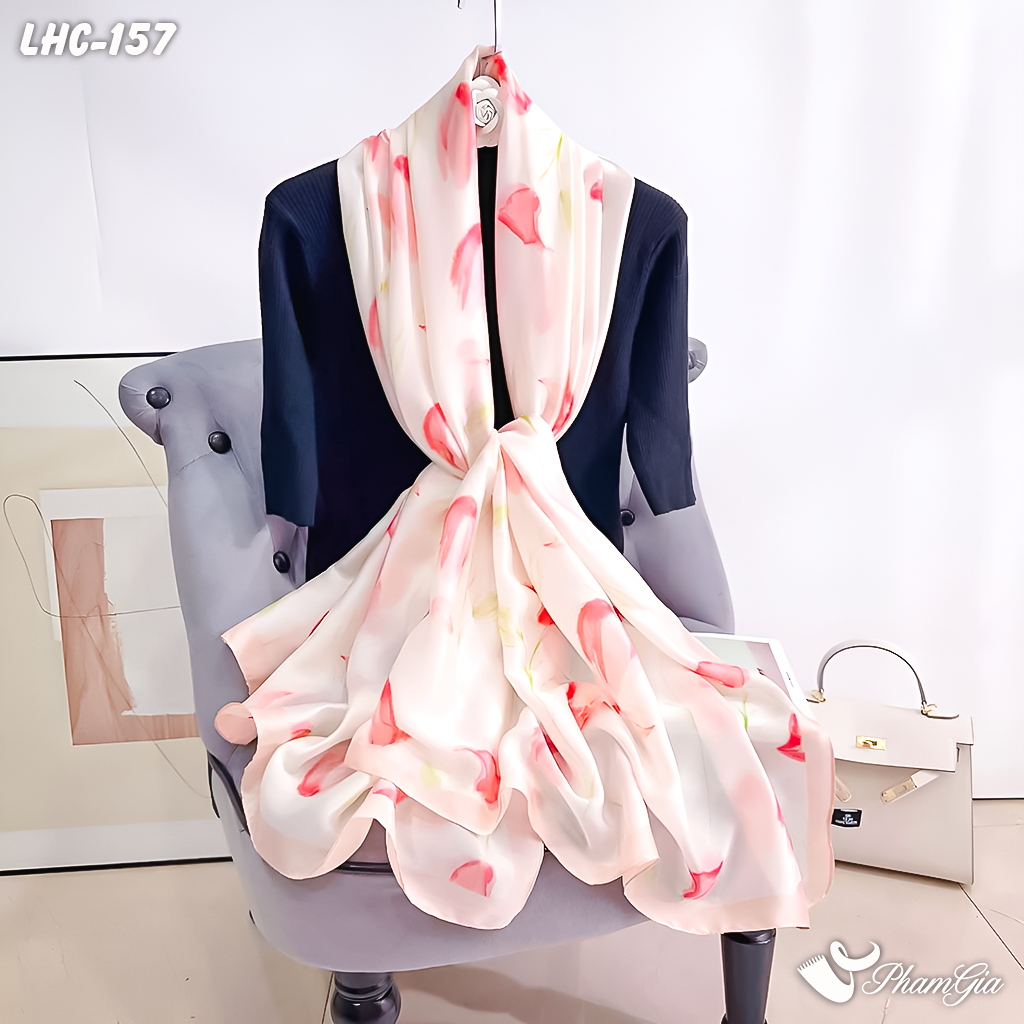 Góc Thẳng Khăn Choàng Lụa Hàng Châu Màu Hồng Baby Họa Tiết Hoa Tulip Ngọt Ngào
