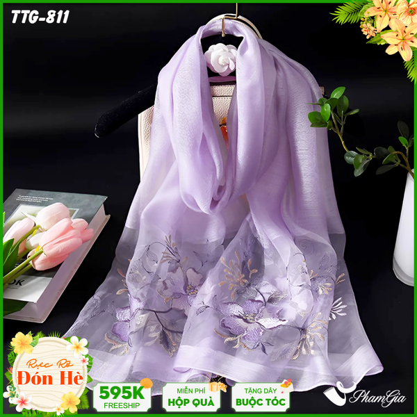 Khăn Choàng Tơ Tằm Gân Cao Cấp Thêu Hoa Mộc Lan Màu Tím Lilac Sang Trọng (TTG811)