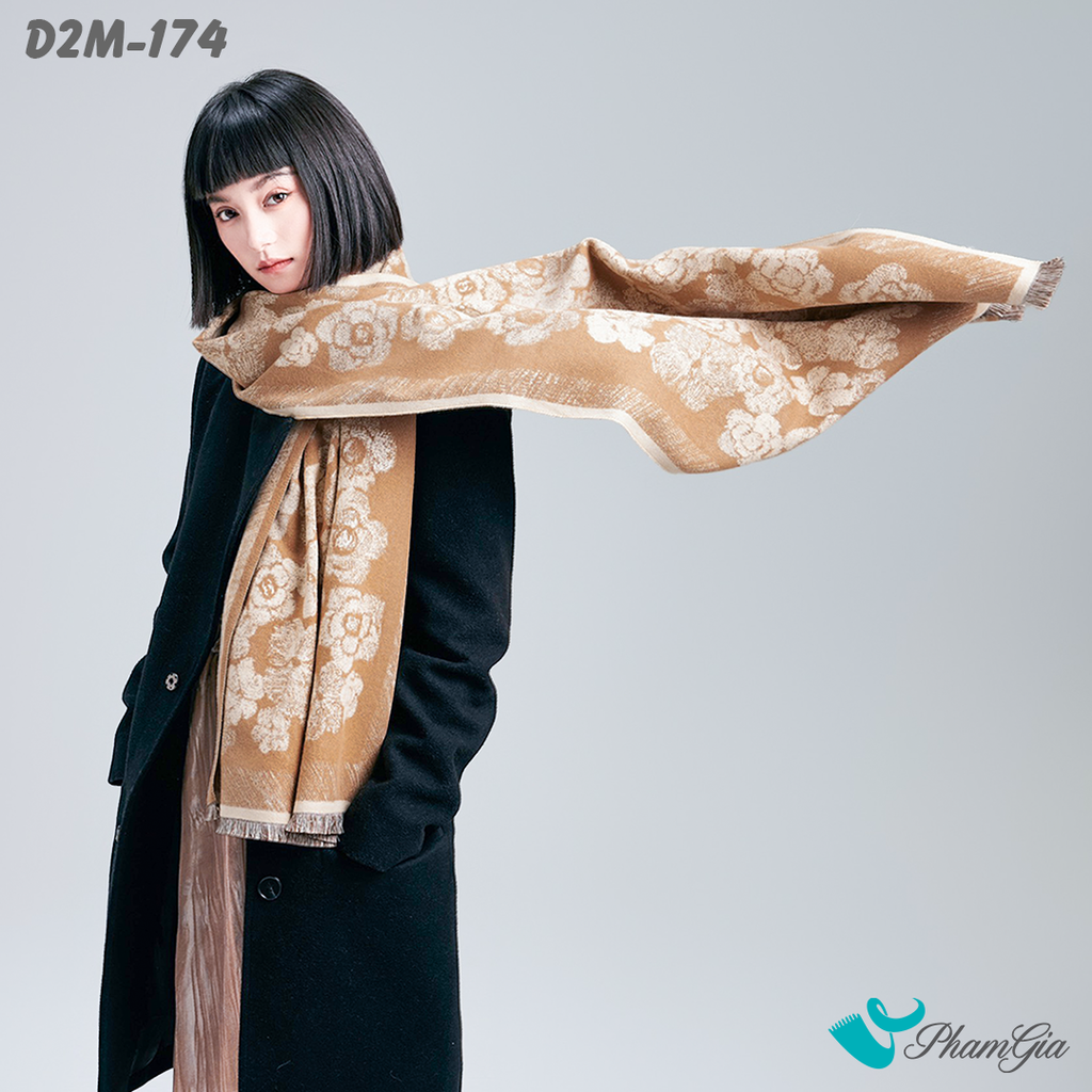Khăn Choàng Dạ Cashmere 2 Mặt Cao Cấp Họa Tiết Hoa Hồng Màu Bạc Xỉu Thanh Lịch