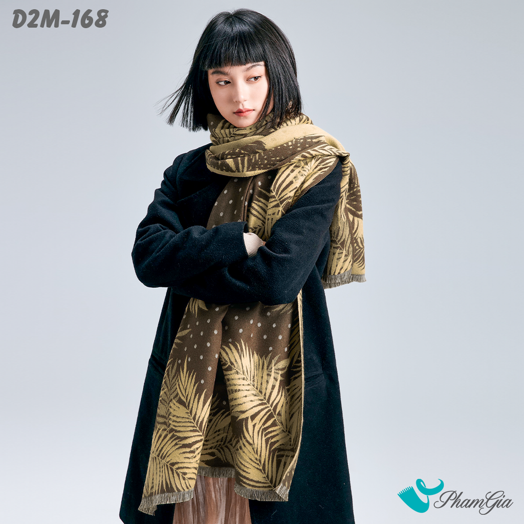 Khăn Choàng Dạ Cashmere 2 Mặt Cao Cấp Họa Tiết Lá Dương Xỉ Màu Nâu Rêu Tinh Tế