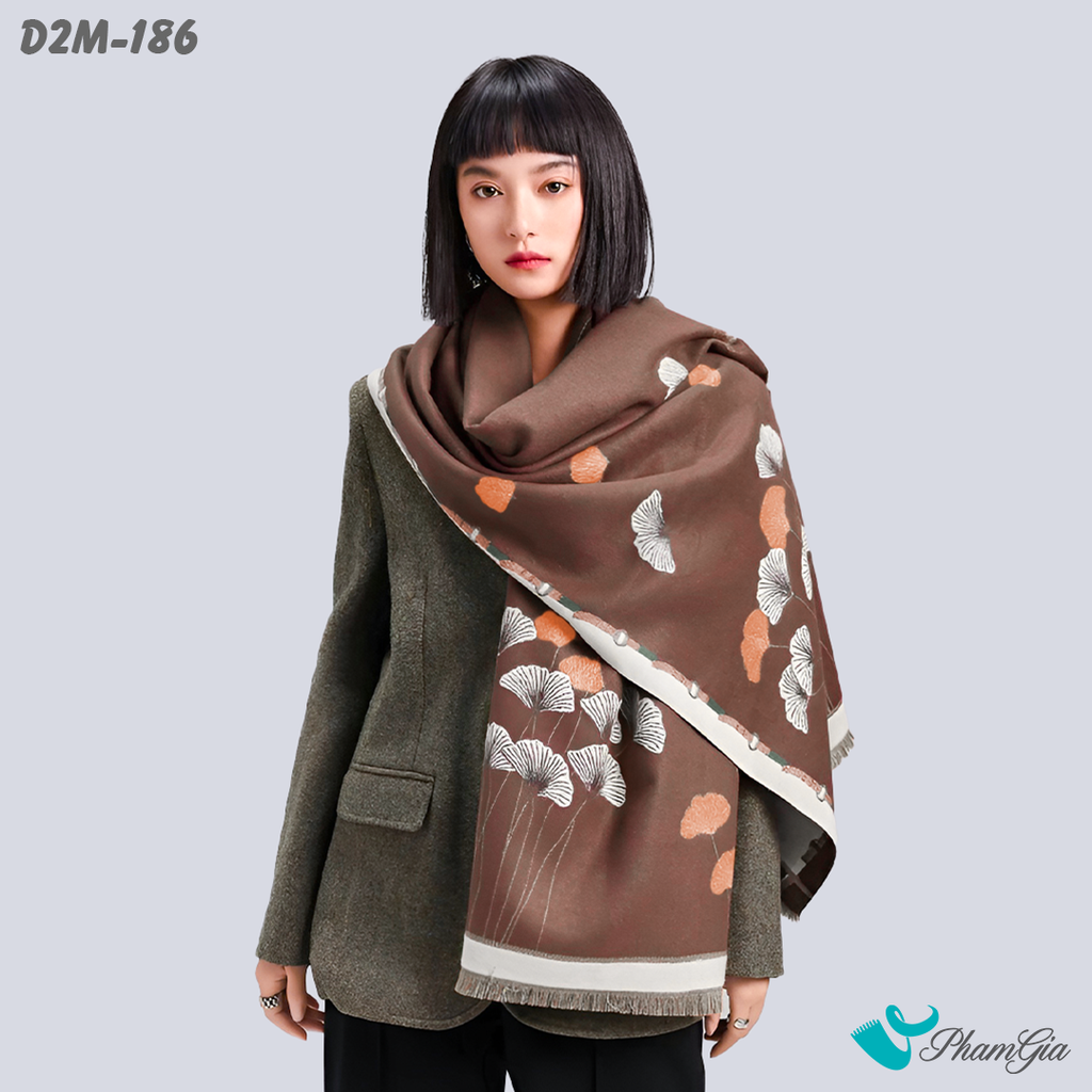 Khăn Choàng Dạ Cashmere 2 Mặt Cao Cấp Họa Tiết Lá Rẻ Quạt Màu Nâu Đất Quý Phái
