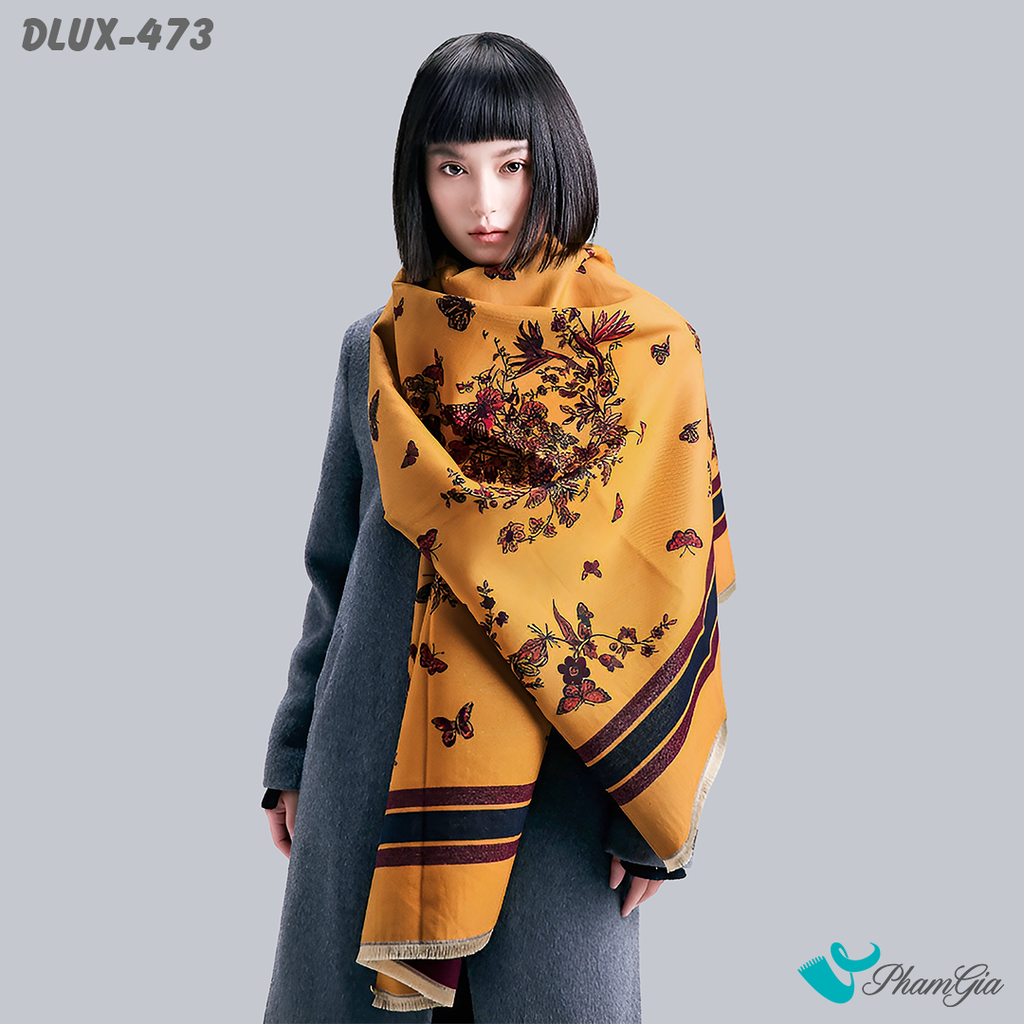 Model Choàng Khăn Choàng Dạ Cashmere Cao Cấp Họa Tiết Bướm Hoa Màu Vàng Gold Sang Trọng