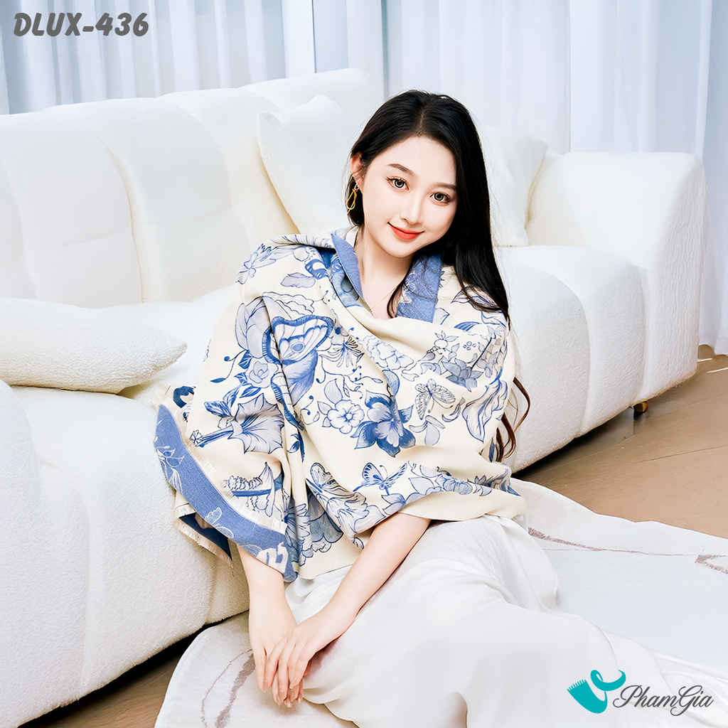 Khăn Choàng Dạ Cashmere Cao Cấp Họa Tiết Bướm Xanh Phối Nền Kem Thanh Lịch