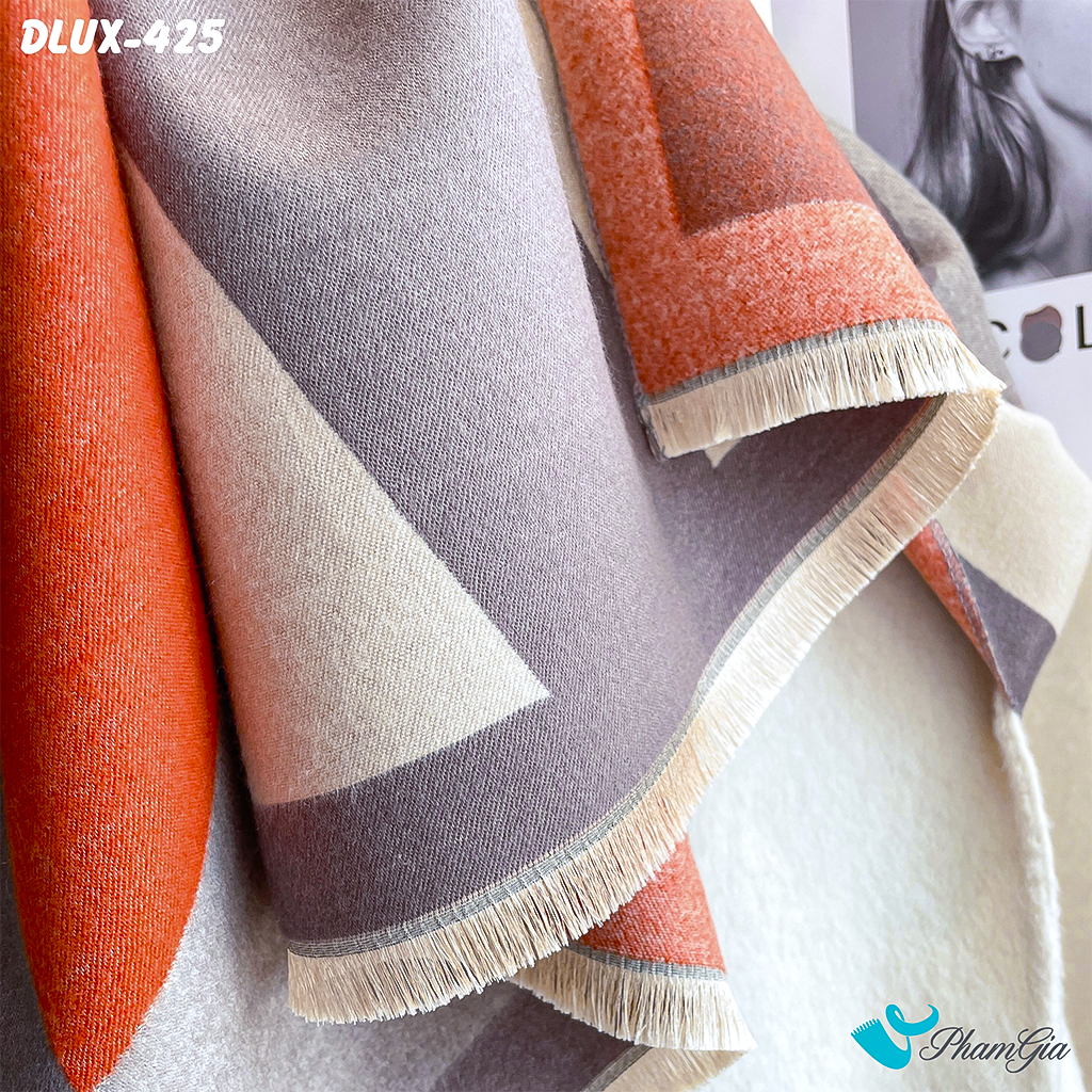 Cận Cảnh Khăn Choàng Dạ Cashmere Cao Cấp Họa Tiết Caro và Nanh Sói Màu Cam Hiện Đại
