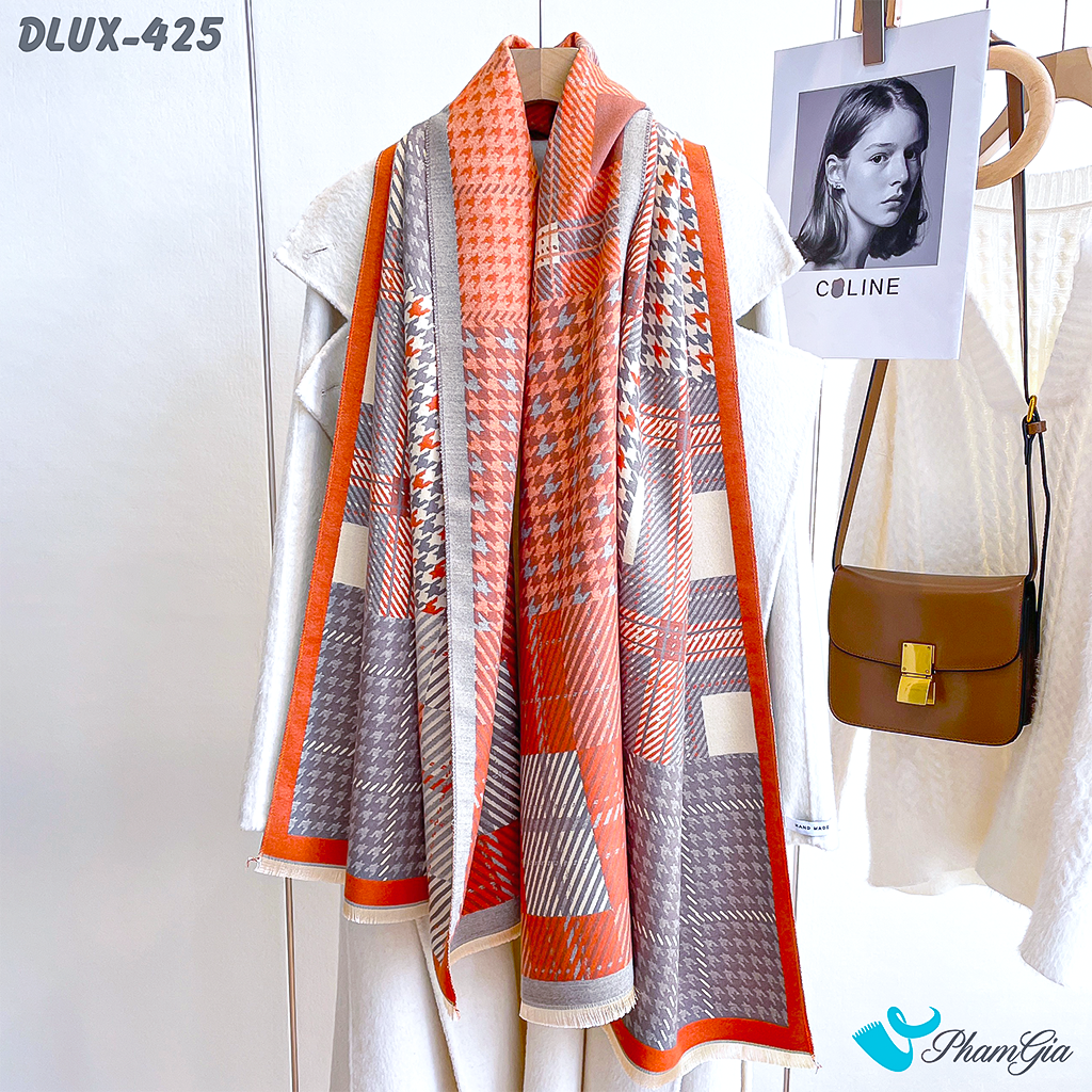 Khăn Choàng Dạ Cashmere Cao Cấp Họa Tiết Caro và Nanh Sói Màu Cam Hiện Đại