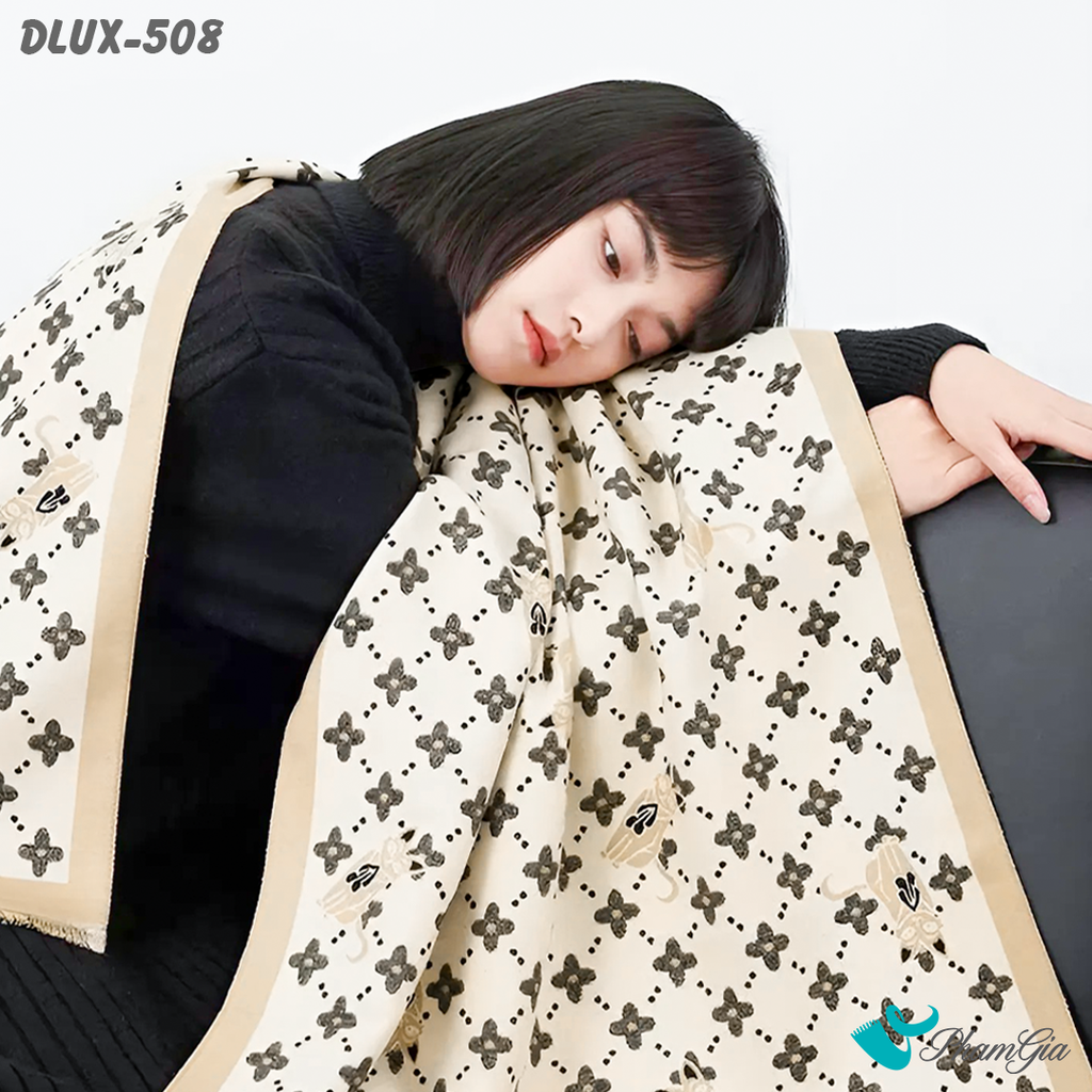 Họa Tiết Khăn Choàng Dạ Cashmere Cao Cấp Họa Tiết Hoa Bốn Cánh Màu Beige Thanh Lịch
