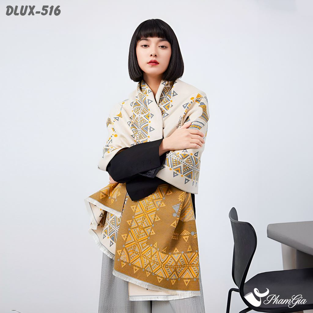 Khăn Choàng Dạ Cashmere Cao Cấp Họa Tiết Thổ Cẩm Màu Vàng Phối Nền Kem Cá Tính