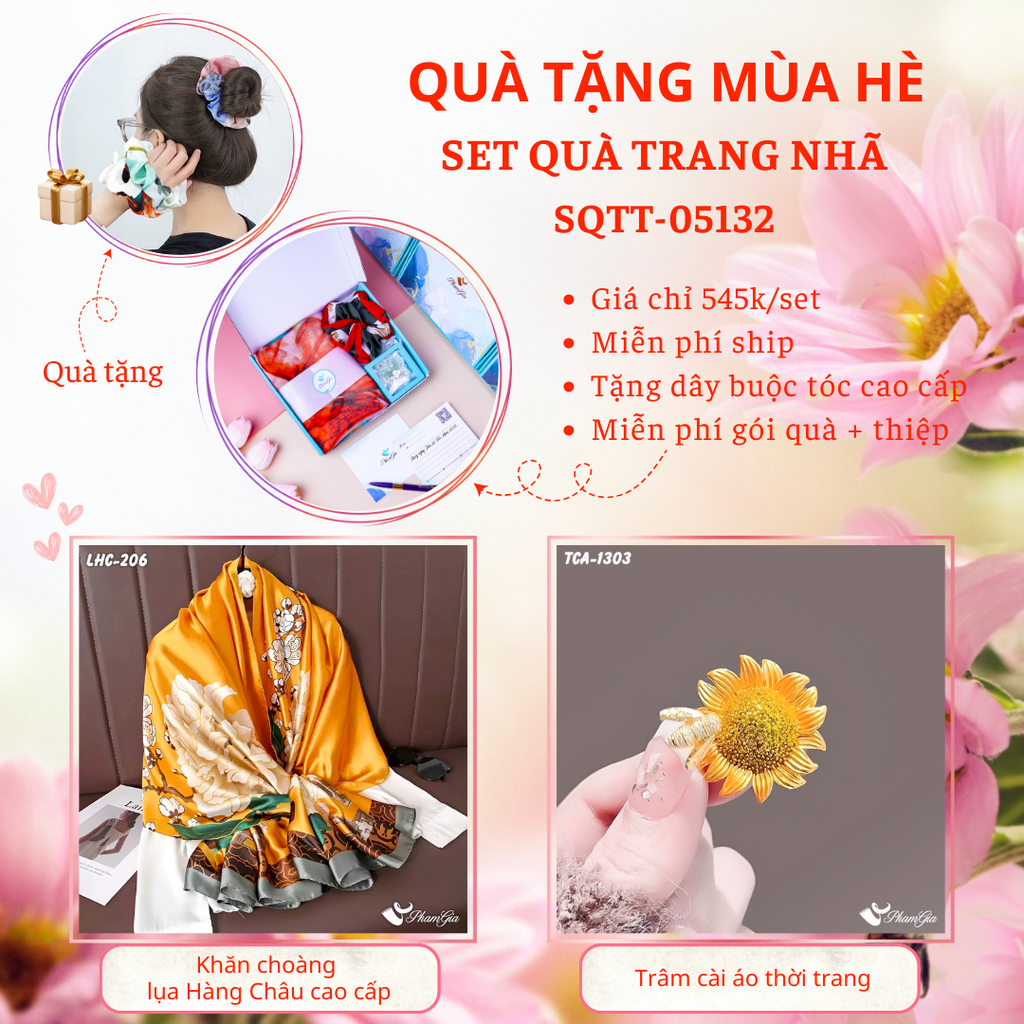 Set Quà Tặng Khăn Choàng Lụa Hoa Mẫu Đơn Và Ghim Cài Áo Hoa Hướng Dương Cao Cấp