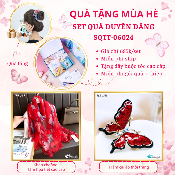 Quà Tặng Mùa Hè - Set Quà Tặng Khăn Choàng Tằm Họa Tiết Và Ghim Cài Áo Duyên Dáng (SQTT06024)