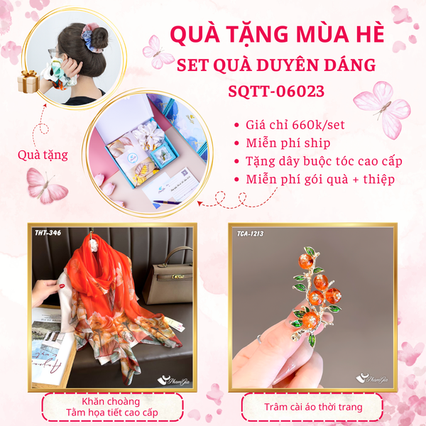 Quà Tặng Mùa Hè - Set Quà Tặng Khăn Choàng Tằm Họa Tiết Và Ghim Cài Áo Duyên Dáng (SQTT06023)
