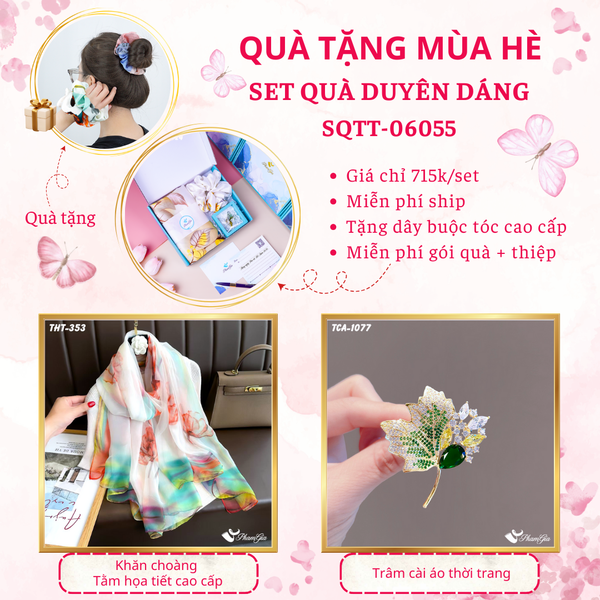 Quà Tặng Mùa Hè - Set Quà Tặng Khăn Choàng Tằm Họa Tiết Và Ghim Cài Áo Duyên Dáng (SQTT06055)