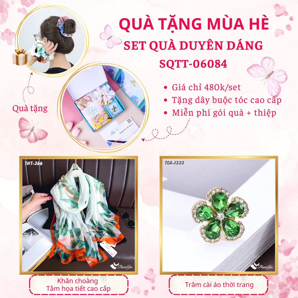 Set quà tặng khăn choàng tằm họa tiết và ghim cài áo hoa đính đá pha lê cao cấp
