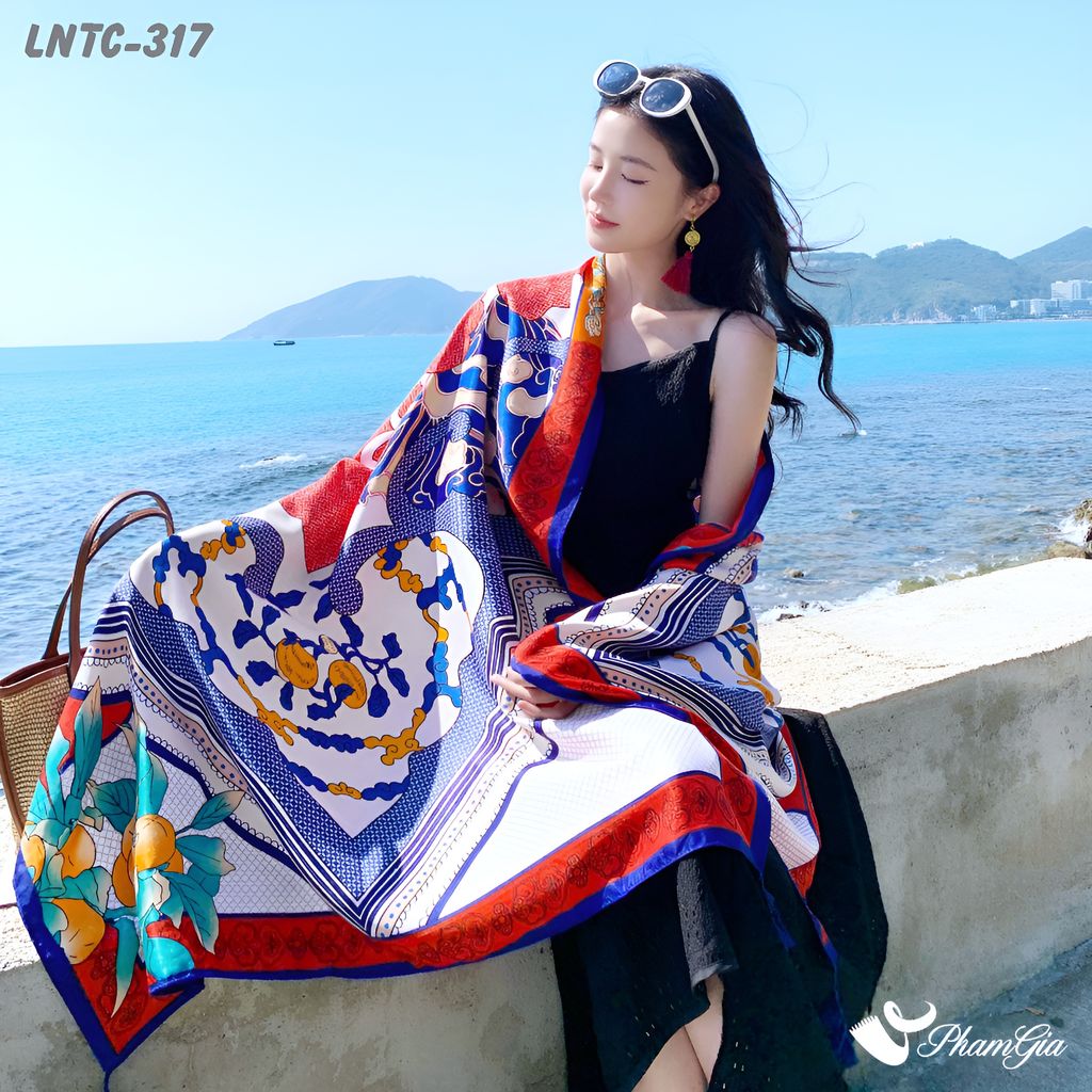Khăn Choàng Linen Boho Họa Tiết Thổ Cẩm Màu Xanh Coban Phối Đỏ Cam Cá Tính