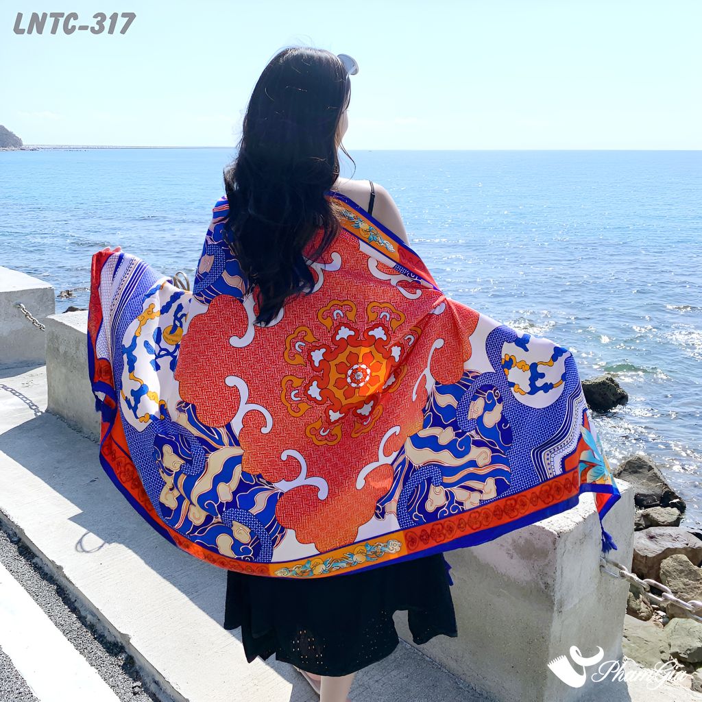 Họa Tiết Khăn Choàng Linen Boho Họa Tiết Thổ Cẩm Màu Xanh Coban Phối Đỏ Cam Cá Tính