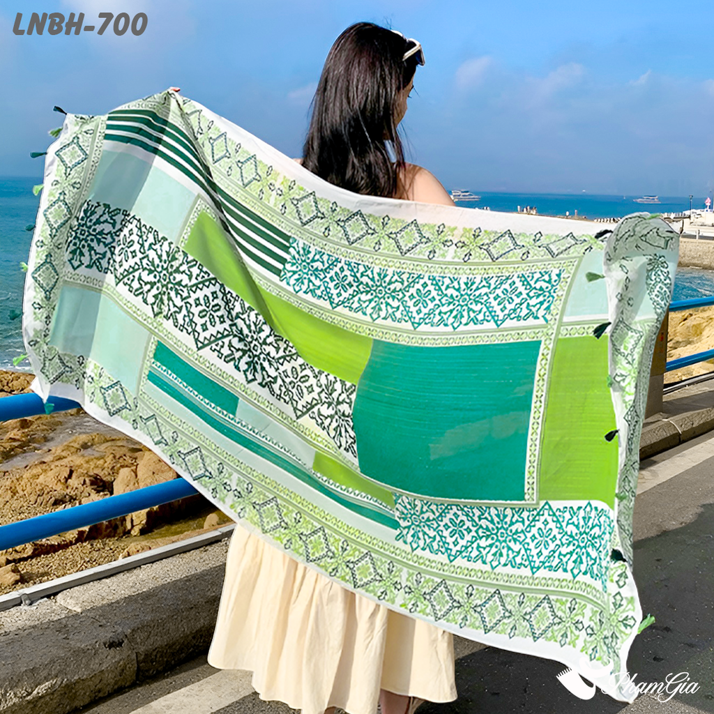 Họa Tiết Khăn Choàng Linen Boho Họa Tiết Thổ Cẩm Phối Kim Tuyến Màu Xanh Bơ Độc Đáo