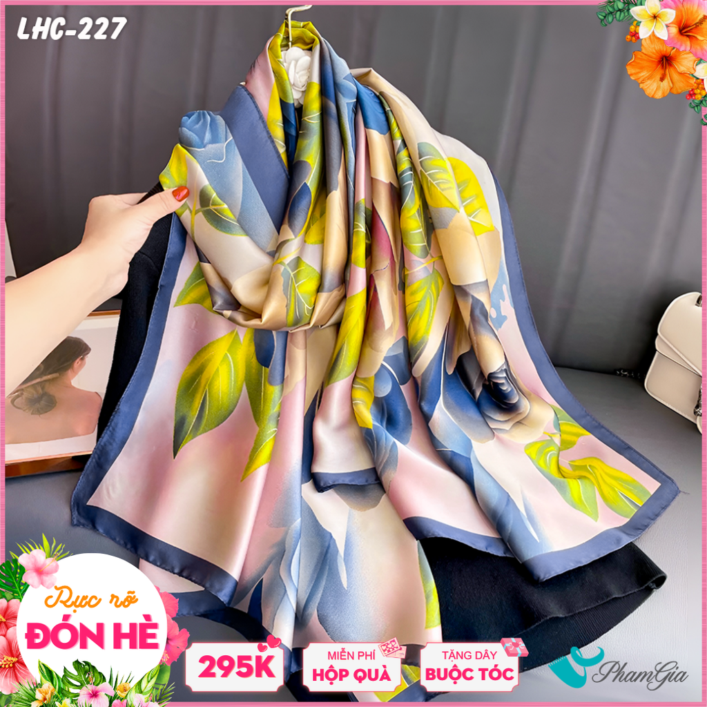 Khăn Choàng Lụa Hàng Châu Màu Xanh Than Phối Beige Họa Tiết Hoa Hồng Trang Nhã