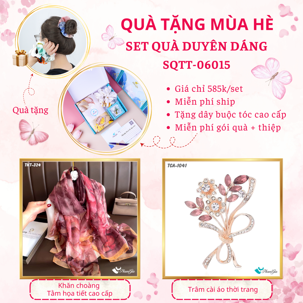 Set quà tặng khăn choàng tằm họa tiết hoa mẫu đơn và ghim cài áo cành hoa hồng ngọc cao cấp