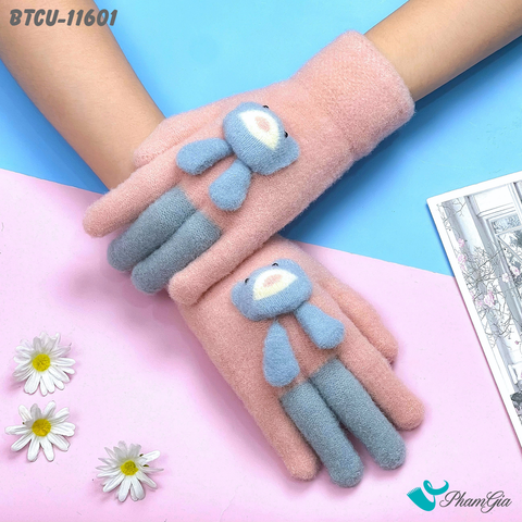 Góc Trên Găng Tay Len Cảm Ứng Giữ Ấm Cao Cấp Đính Gấu Dễ Thương Màu Hồng Đào