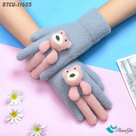 Góc Trên Găng Tay Len Cảm Ứng Giữ Ấm Cao Cấp Đính Gấu Dễ Thương Màu Hồng Xám