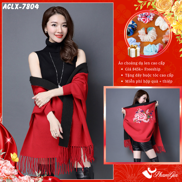 Áo Choàng Len Cashmere Luxury Họa Tiết Hoa Mẫu Đơn Màu Đỏ Ruby (ACLX7804)