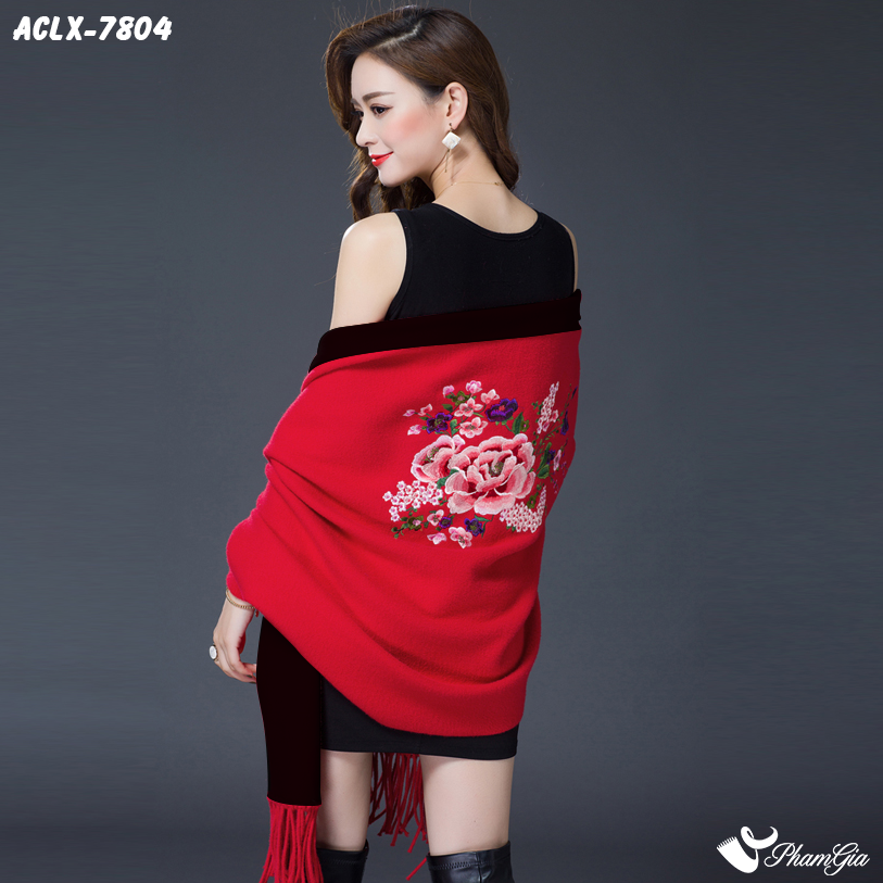 Góc Sau Áo Choàng Len Cashmere Luxury Họa Tiết Hoa Mẫu Đơn Màu Đỏ Ruby