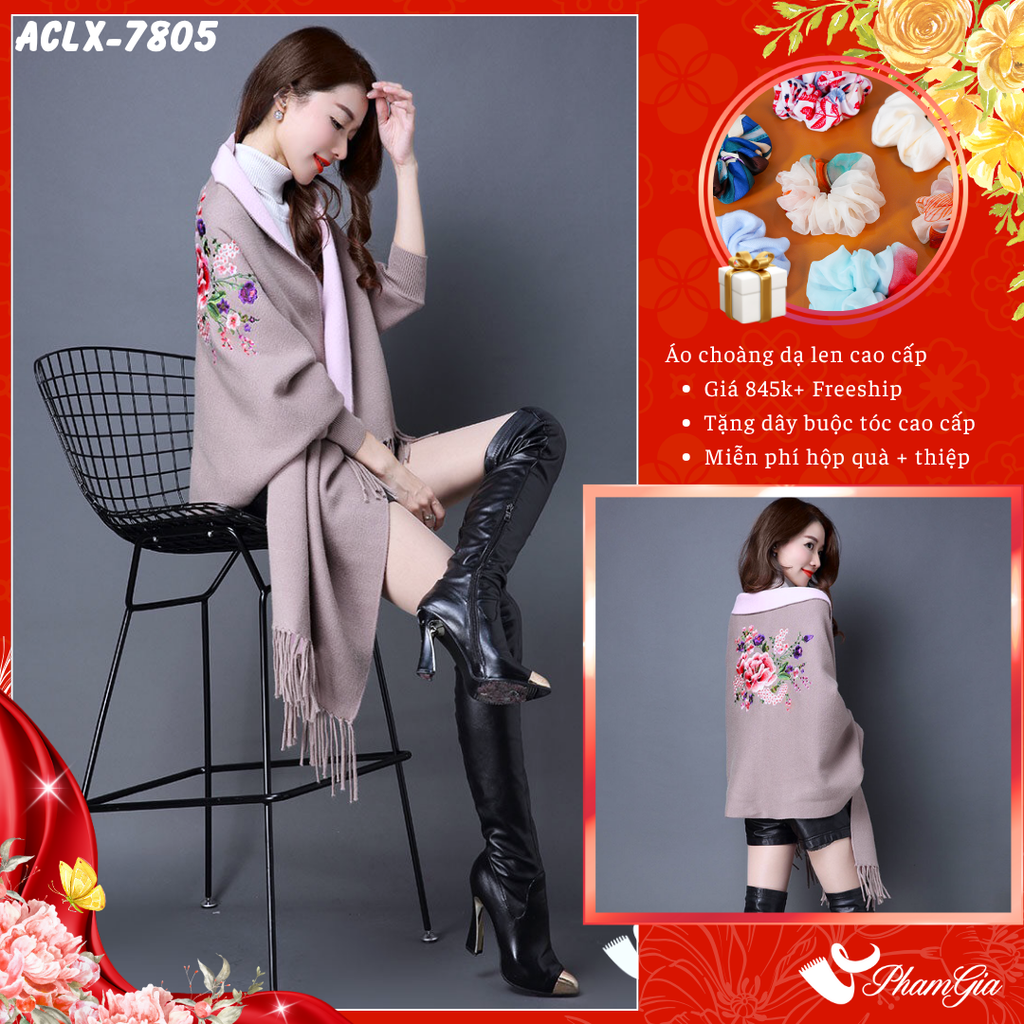 Áo Choàng Len Cashmere Luxury Họa Tiết Hoa Mẫu Đơn Màu Hồng Beige