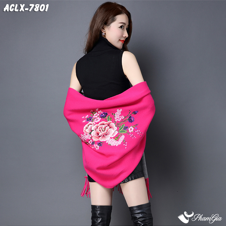 Góc Sau Áo Choàng Len Cashmere Luxury Họa Tiết Hoa Mẫu Đơn Màu Hồng Sen