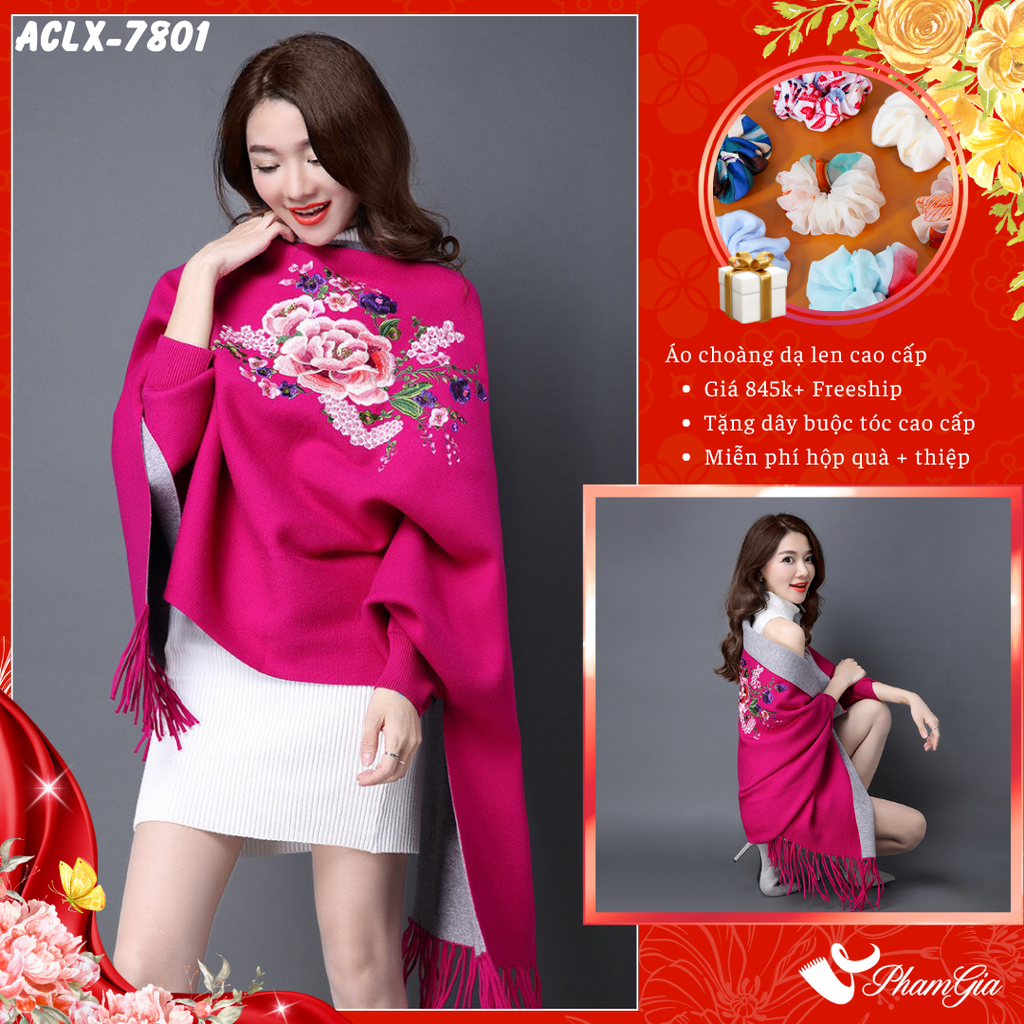 Áo Choàng Len Cashmere Luxury Họa Tiết Hoa Mẫu Đơn Màu Hồng Sen