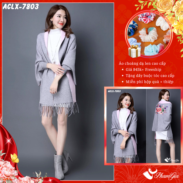 Áo Choàng Len Cashmere Luxury Họa Tiết Hoa Mẫu Đơn Màu Xám Khói (ACLX7803)