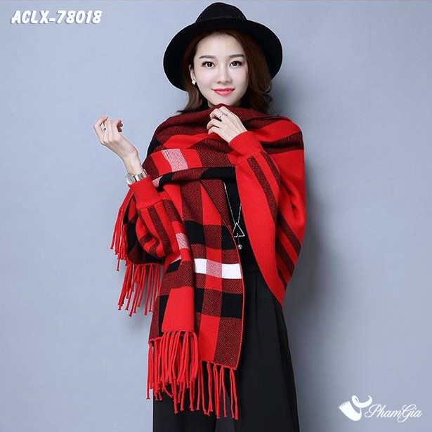 Góc Thẳng Áo Choàng Len Cashmere Luxury Họa Tiết Kẻ Sọc Caro Màu Đỏ
