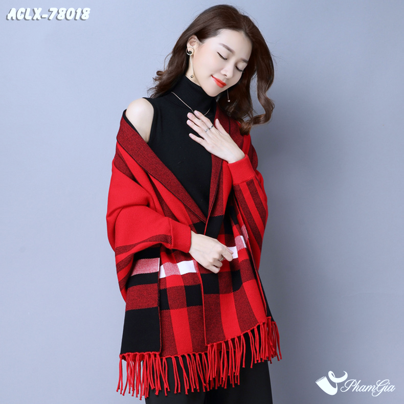 Góc Phải Áo Choàng Len Cashmere Luxury Họa Tiết Kẻ Sọc Caro Màu Đỏ