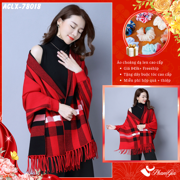 Áo Choàng Len Cashmere Luxury Họa Tiết Kẻ Sọc Caro Màu Đỏ (ACLX78018)